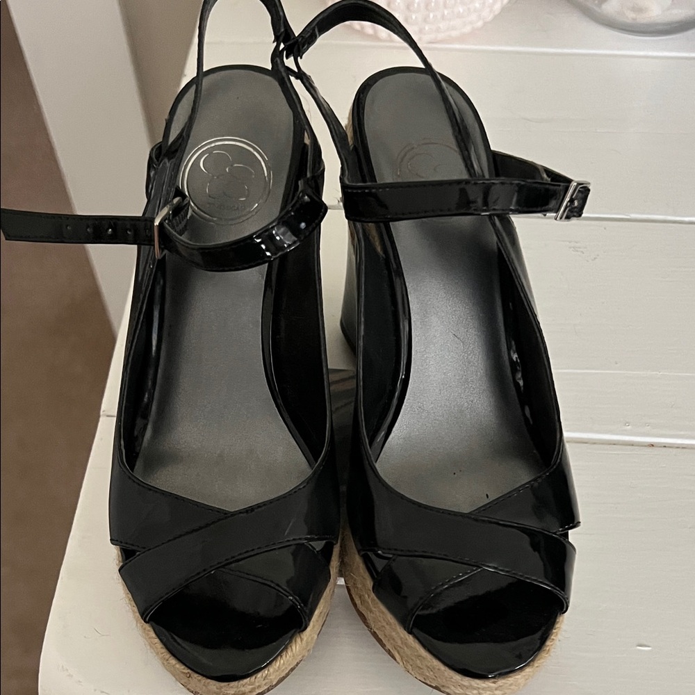 Jessica Simpson Black Patent Wedge Sandals